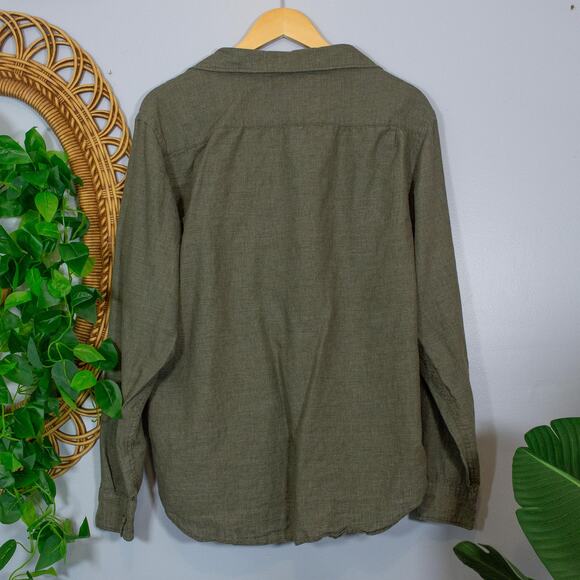 Olive Linen Blend Long Sleeve Button Shirt Relaxed Fit Top | Soft Autumn - Picture 2 of 8